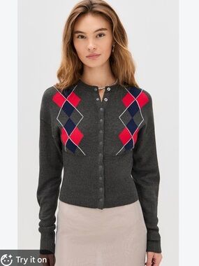 Lioness Head in the Clouds Cardigan Grey with Argyle Snap Buttons Medium